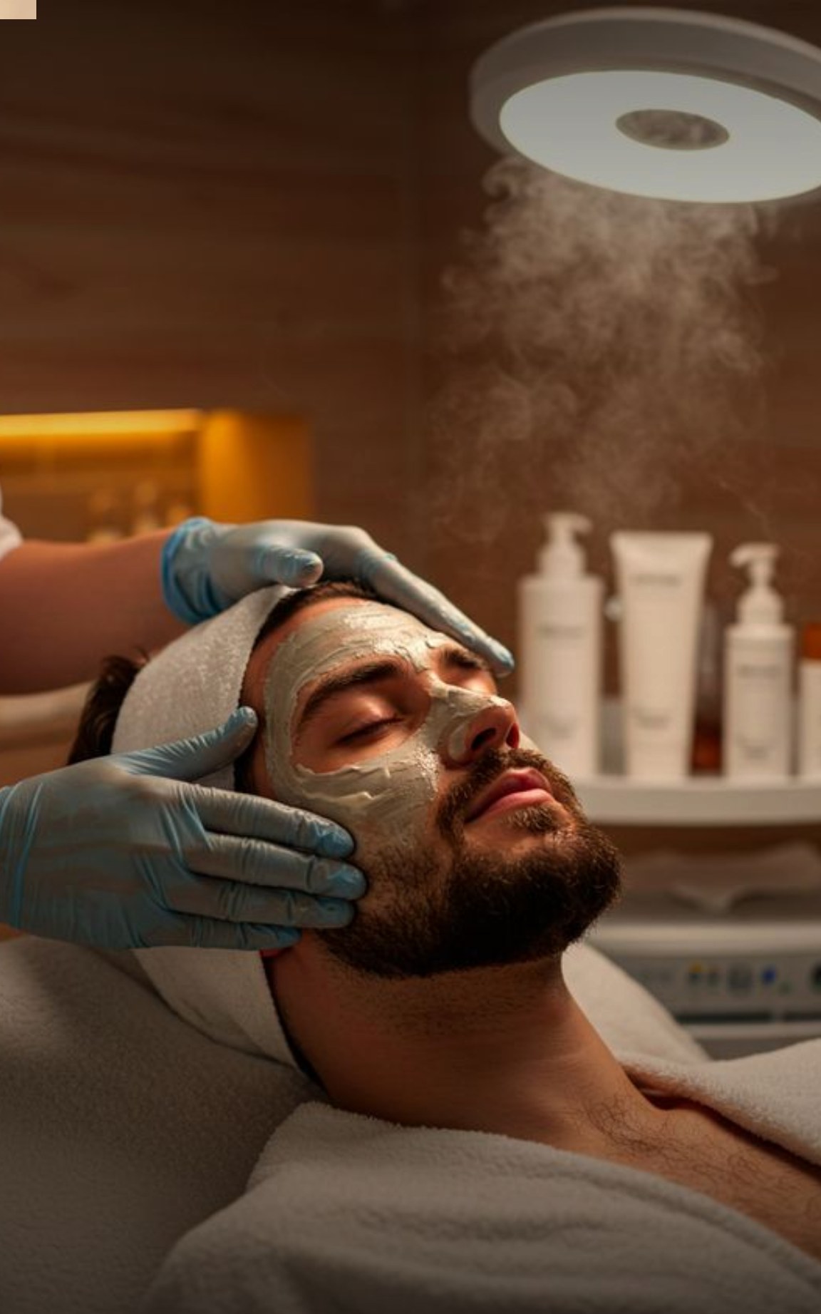 A guest receiving a facial treatment with a clay mask